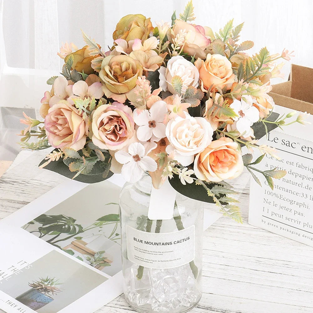 Autumn Artificial Silk Rose Peony Hydrangea Bouquet | Home Decor Artificial Flower Bouquet Qme