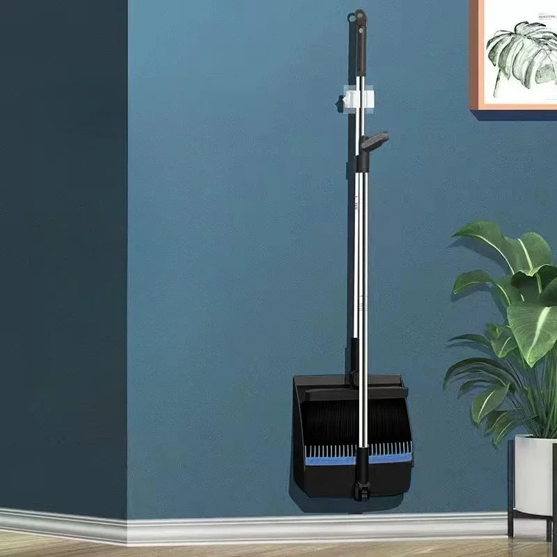 Long Handle Broom & Dustpan Set – 180° Angle, Stiff Bristles Broom & Dustpan Set Qme Rotating black