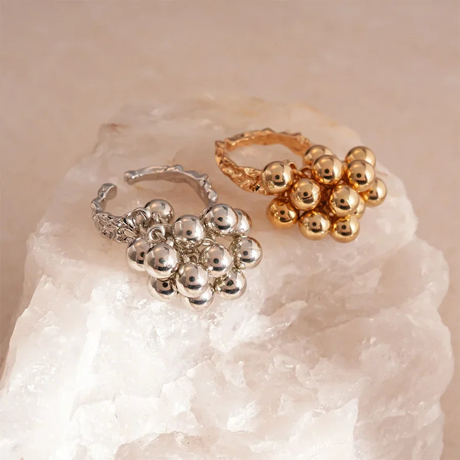 Vintage Metal Bead Ball Open Ring for Women – Irregular Style Fashion Statement Ring Qme