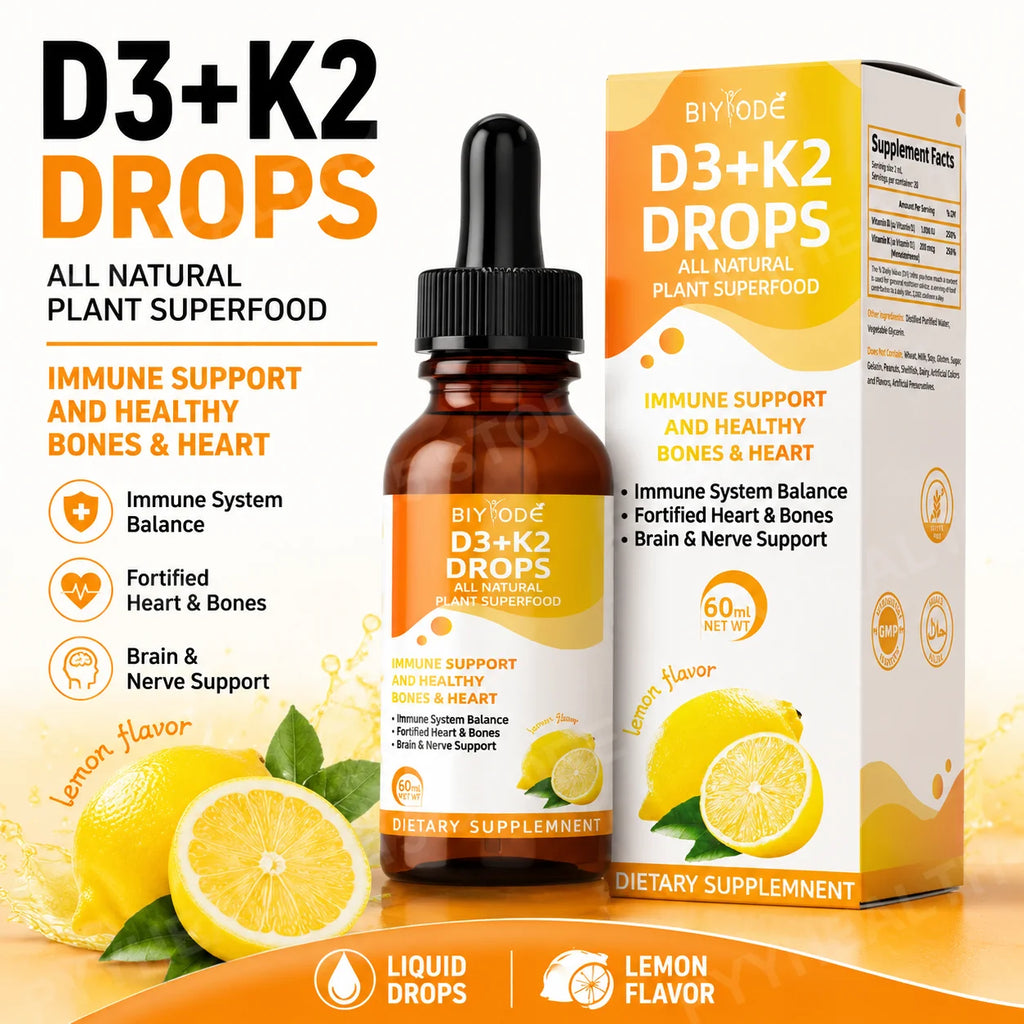 BIYODE Vitamin D3 K2 Liquid Drops 1000 IU Lemon 60ml Vitamin D3 K2 Drops Qst