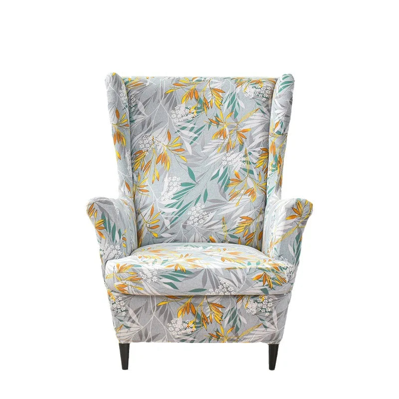 Elastic Printed High Back Wing Armchair Slipcover 2-Piece Chair Slipcover Qst