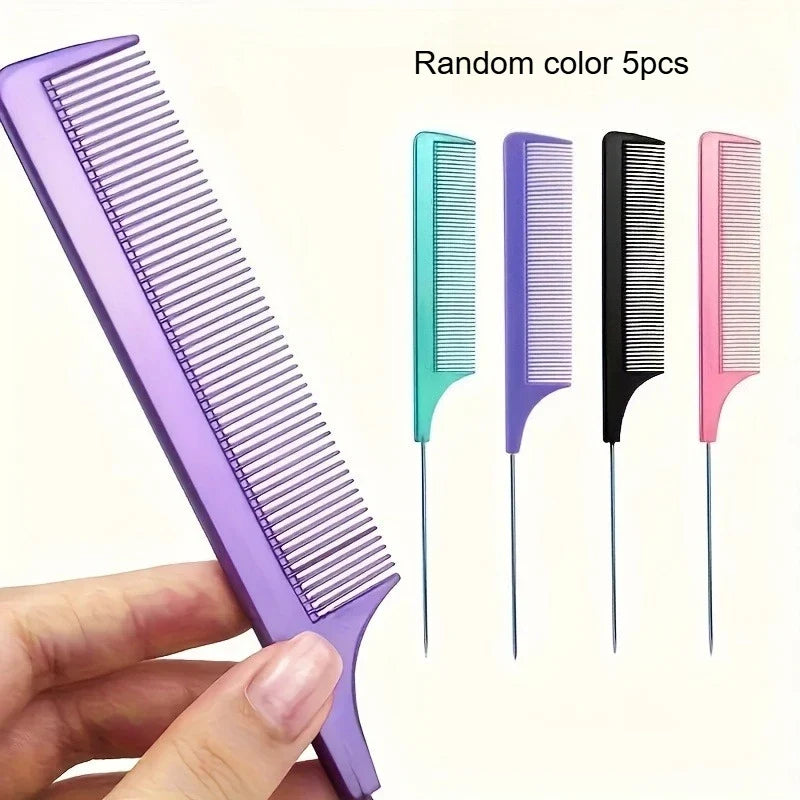 Carbon Fiber Rat Tail Comb with Steel Needle – Heat Resistant Hair Styling Comb Qme Random color 5pcs