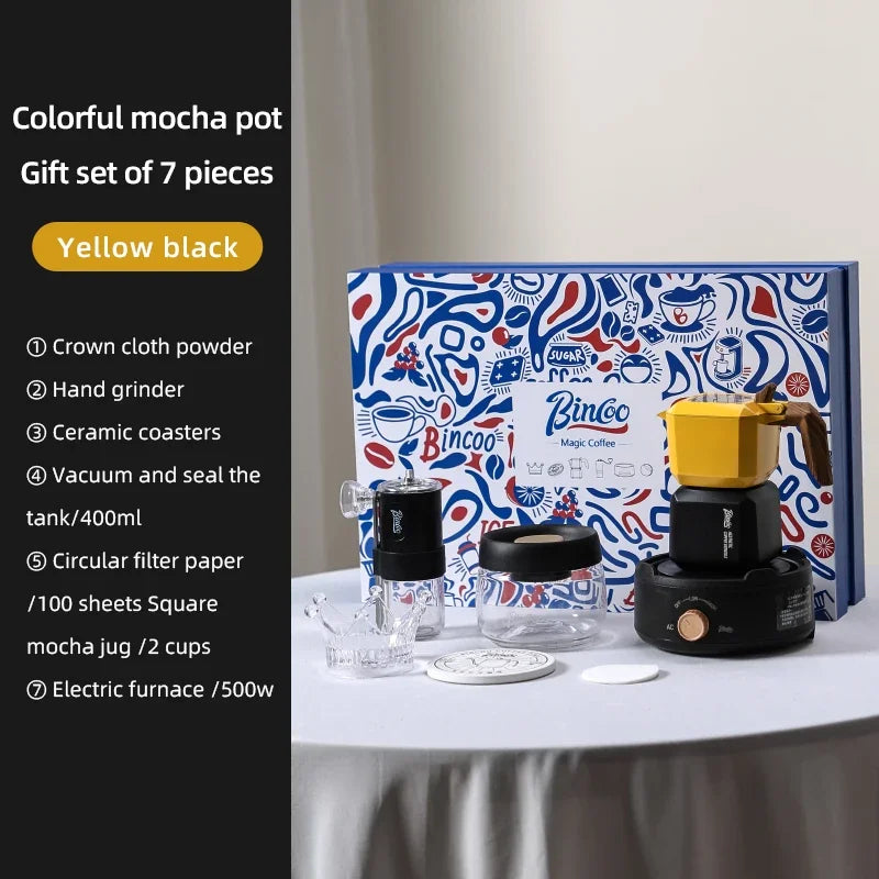 Bincoo Dual Valve Square Moka Pot Espresso Gift Set 220V Moka Pot Set Qst Yellow black set