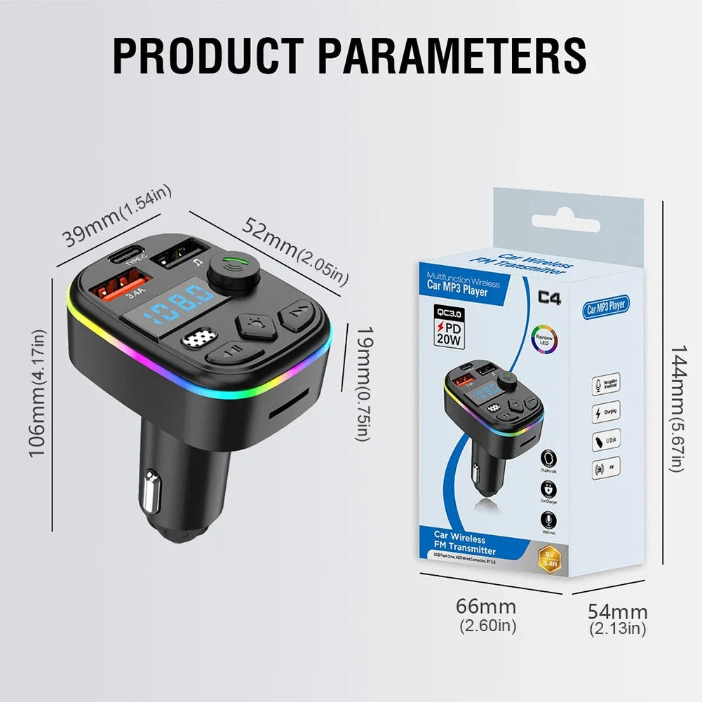 Car Bluetooth 5.3 FM Transmitter – Hands-Free MP3 Player Car FM Transmitter Qme