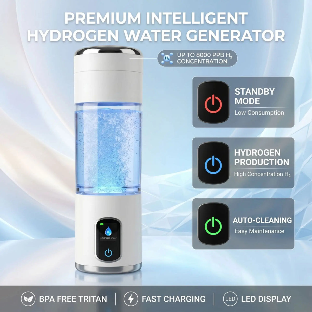 Hydrogen Water Bottle 320ml 8000ppb SPE PEM | BPA Free USB Charge Hydrogen Water Generator Qst