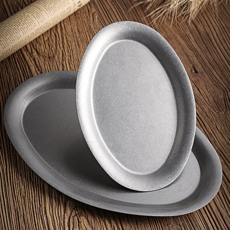 Japanese Vintage Oval 304 Stainless Steel Dessert Serving Plate Stainless Steel Plate Qst