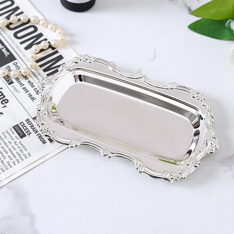 Vintage Embossed Metal Serving Tray – Dessert & Jewelry Organizer Decorative Serving Tray Qst Silver