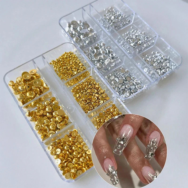 3D Half Round Ball Nail Art Studs – Gold & Silver 6 Grids Nail Art Studs Qme