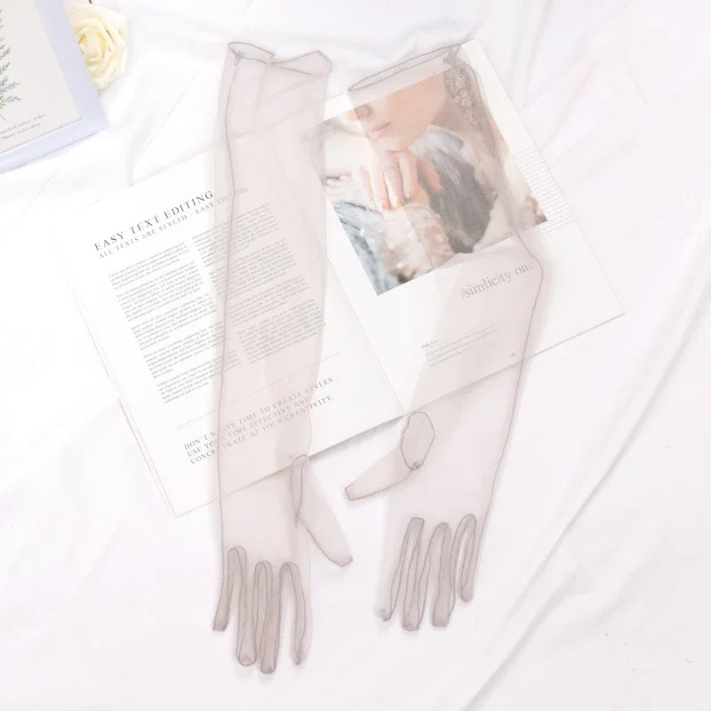 Women's Long Sheer Tulle Gloves Full Finger Mesh Arm Gloves Mesh Fashion Gloves Qme GRAY 55cm