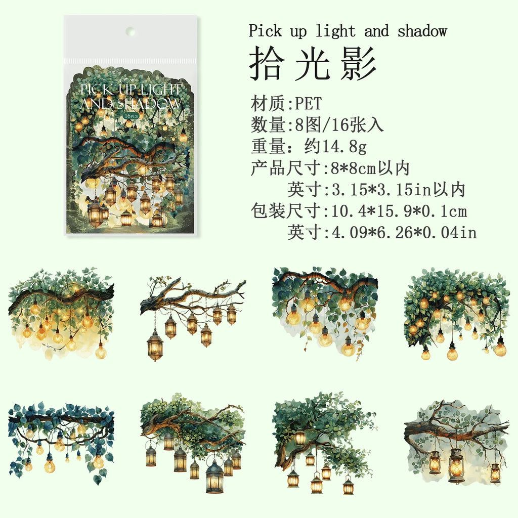 16 Sheets Lamplight Theme PET Stickers for Journals & Scrapbooks Decorative Sticker Sheets Qme A