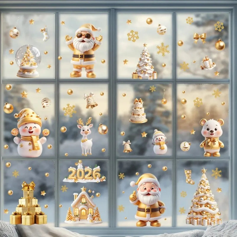 Golden Santa Snowman Reusable Static Cling Window Decals Christmas Window Clings Qme