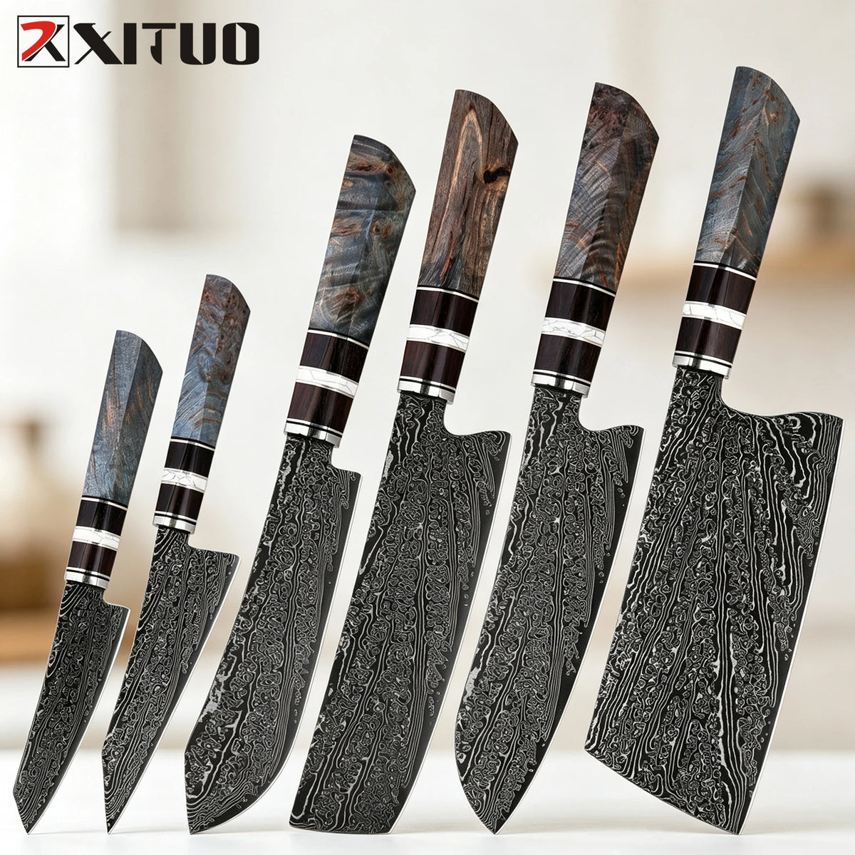 XITUO Damascus Steel Kitchen Knife Set 1–6PCS Wood Handle Kitchen Knife Set Qst 6PCS Knife