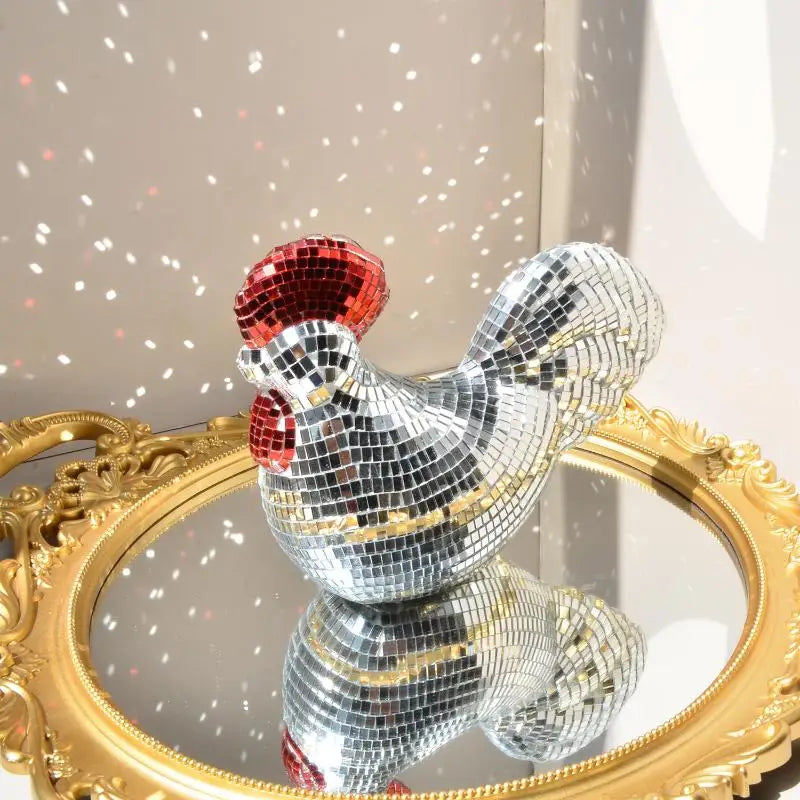 Mirror Disco Ball Rooster Sculpture – Decorative Chicken Statue Decorative Sculpture Qme