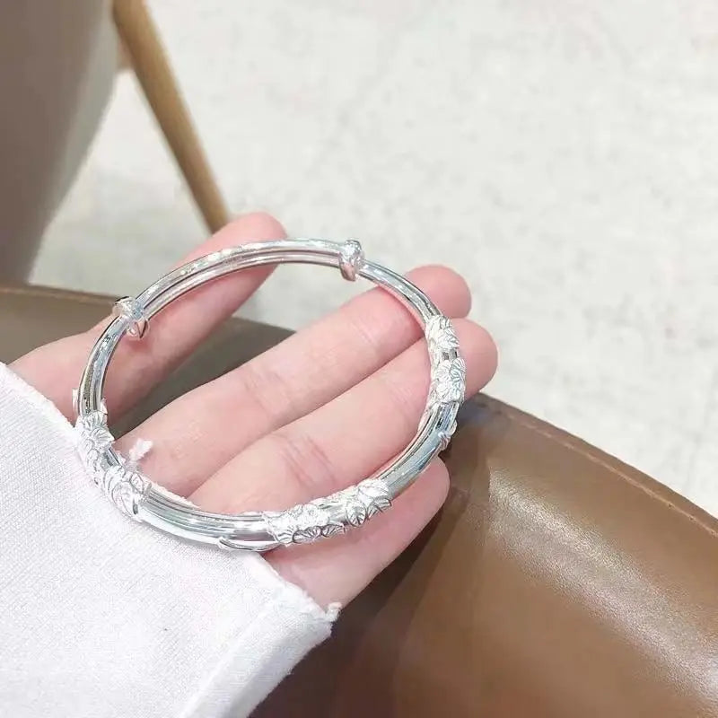 Embossed Floral Silver Plated Adjustable Bangle Bracelet Floral Bangle Bracelet Qme