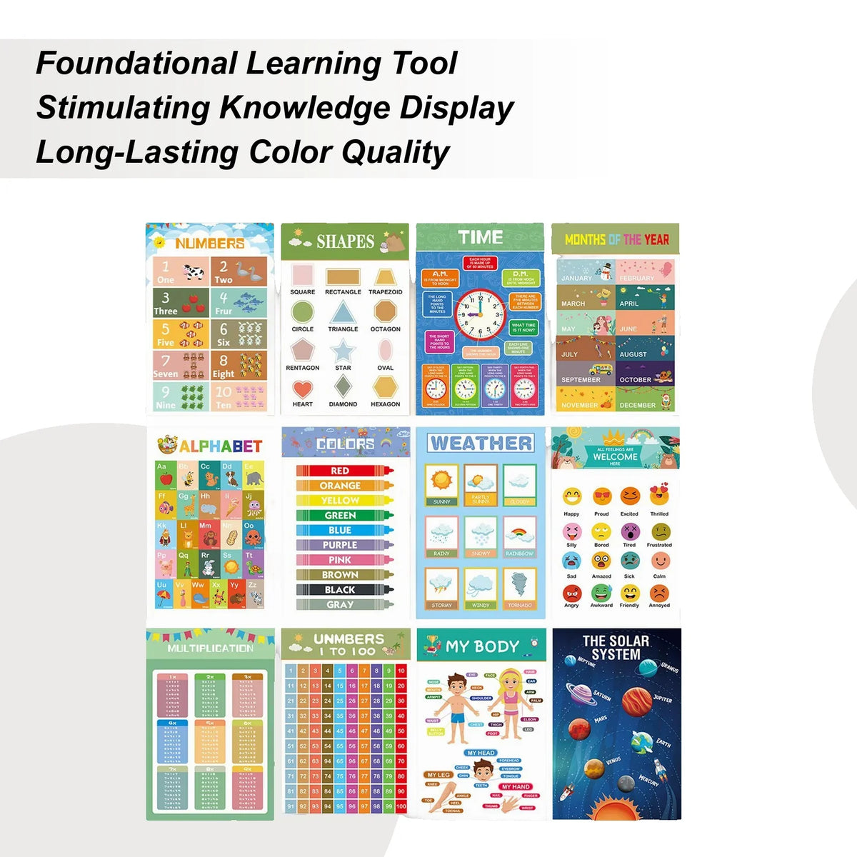 12-Piece Educational Poster Charts – Numbers, Letters & Time Educational Poster Set Qme