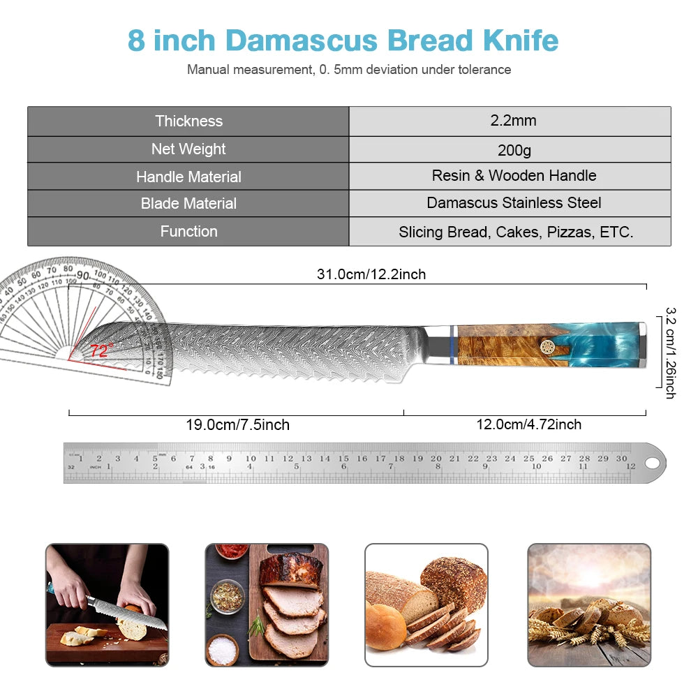 XITUO 8" Damascus Steel Serrated Bread & Cake Knife Serrated Bread Knife Qst