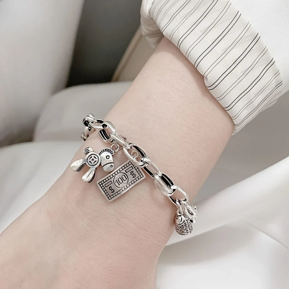 Women's Retro Thick Chain Charm Bracelet – Horse, Fish & Coin Charm Bracelet Qme