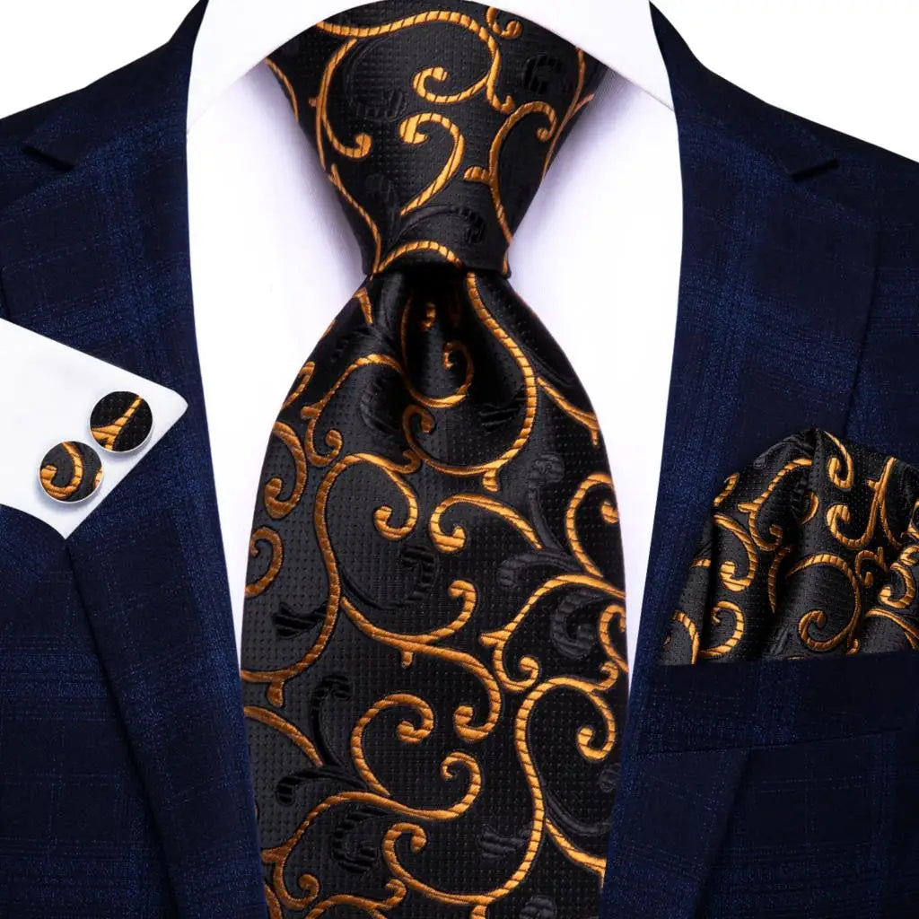 Hi-Tie 100% Silk Black Gold Jacquard Wedding Necktie Set Silk Necktie Set Qme SN-3912