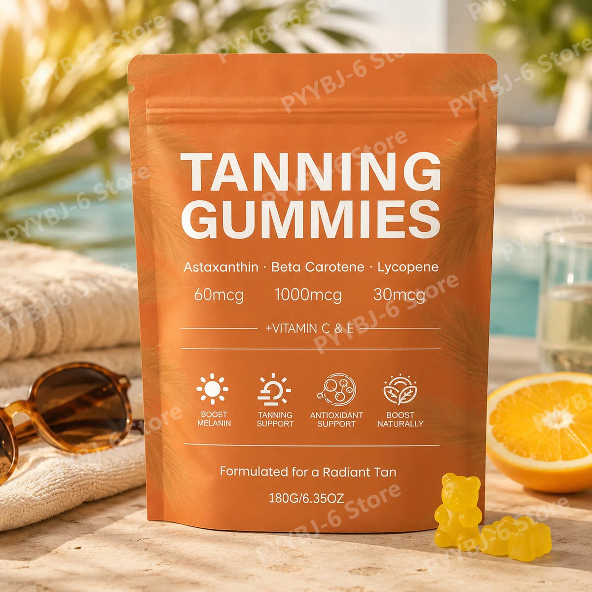 Tanning Gummies – Vitamins C & E, L-Tyrosine, Lycopene | 60ct Skin Glow Supplement Qst