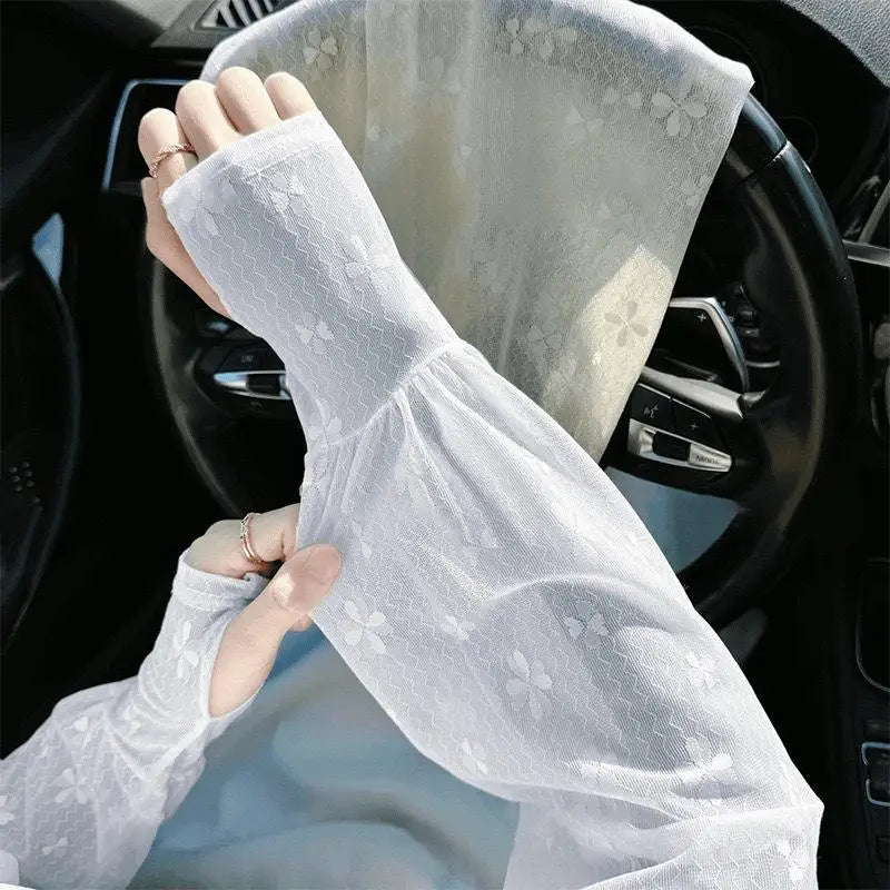UPF 50+ Fingerless Sun Sleeves – Lace Mesh Arm Gloves for Women Sun Arm Sleeves Qst Light gray