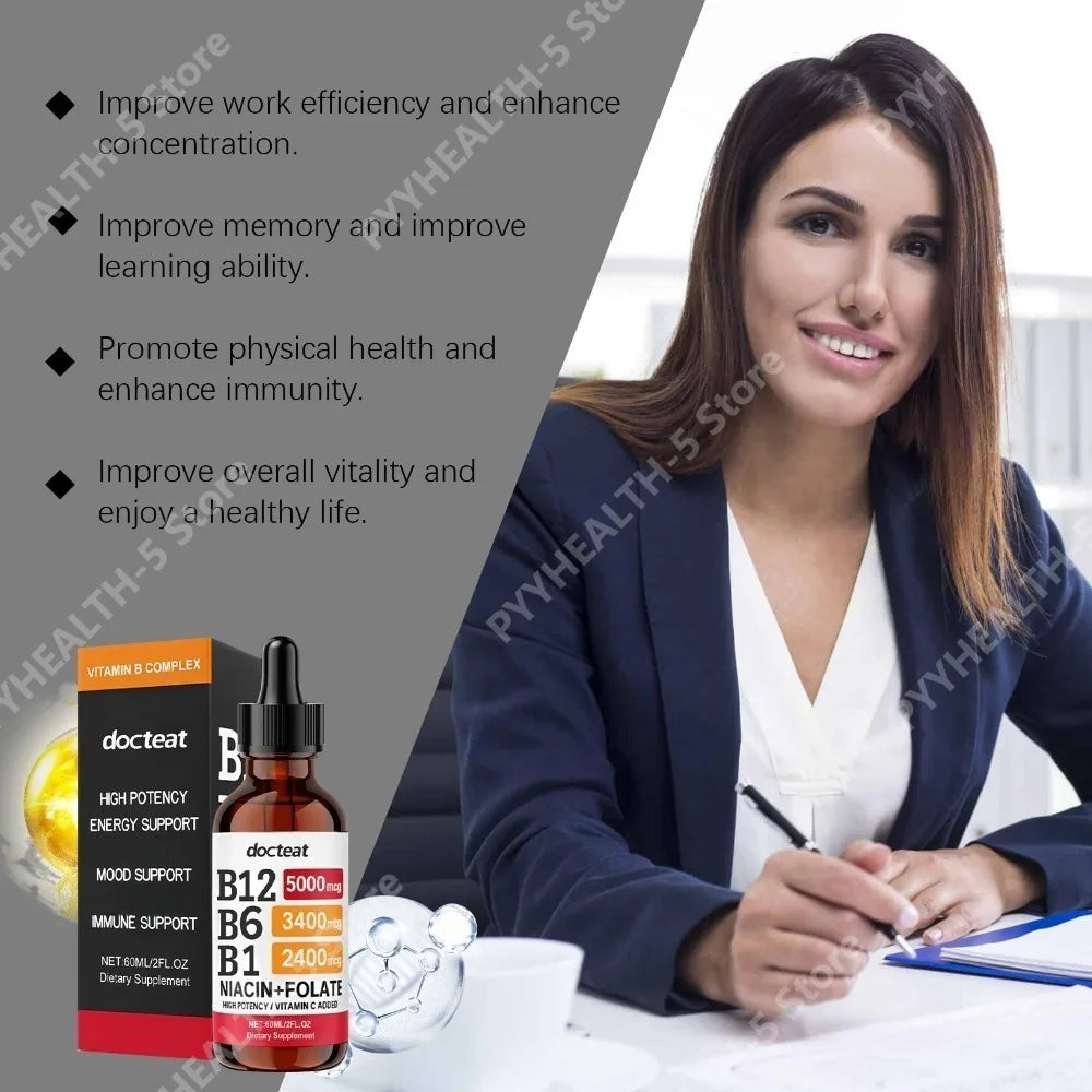 Docteat Vitamin B Complex Liquid Drops B12 B6 B1 – 60ml Vitamin B Supplement Qst