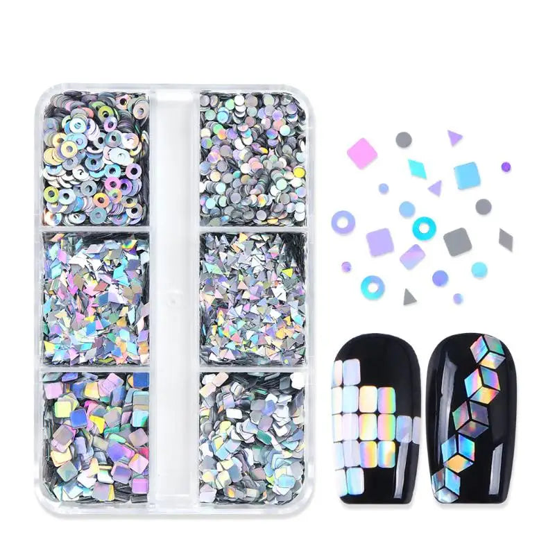 Flash Geometric Nail Glitter – 6-Grid DIY Nail Art Charm Set Nail Art Glitter Qst