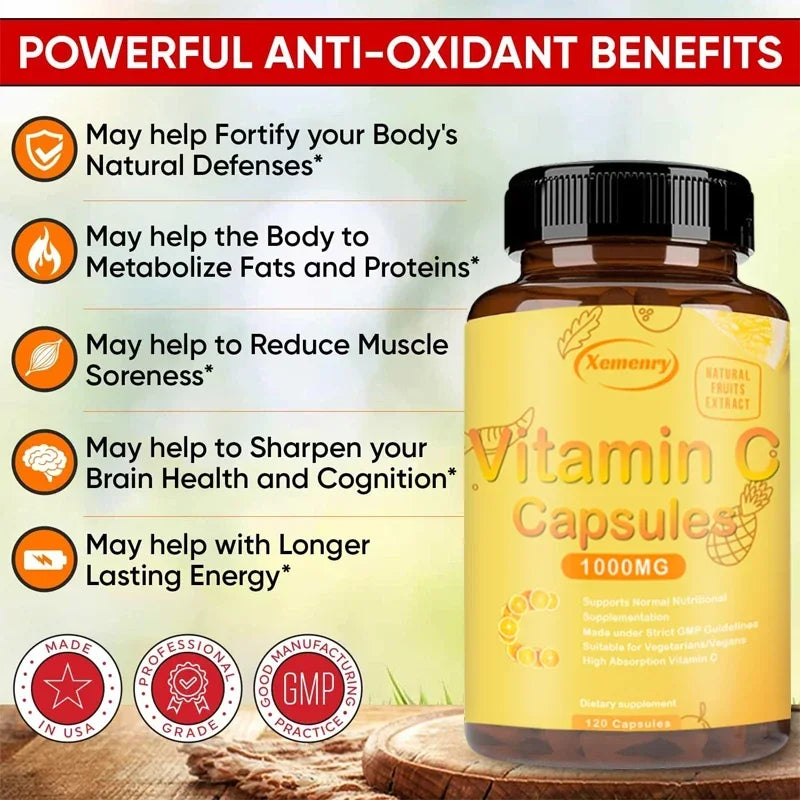 Xemenry Vitamin C 1000mg Capsules – Immune & Skin Support Vitamin Supplement Qst