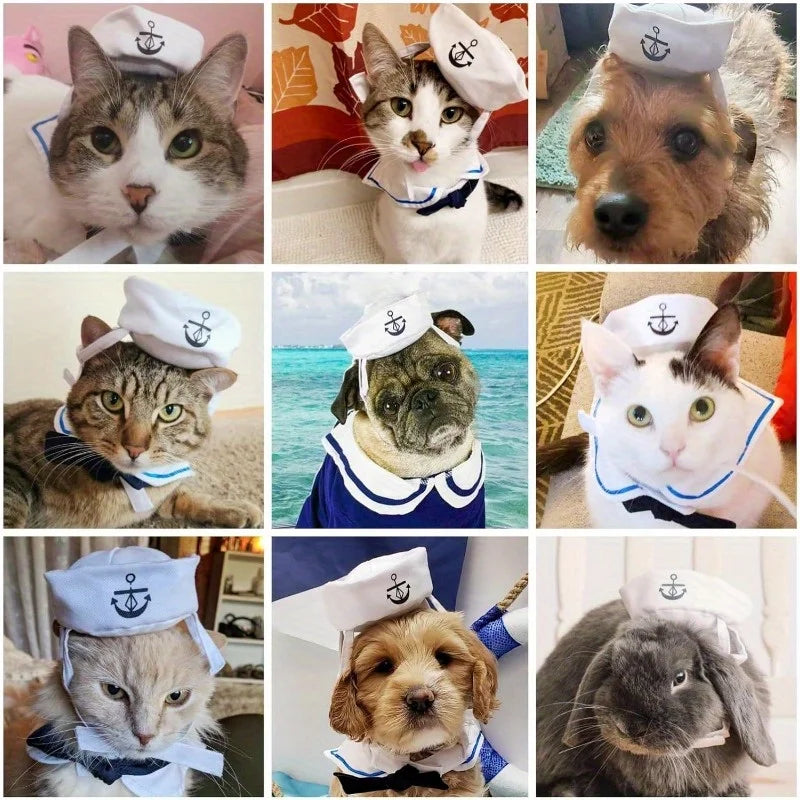 Pet Halloween Sailor Costume Set – Cute Hat & Tie Pet Costume Set Qme
