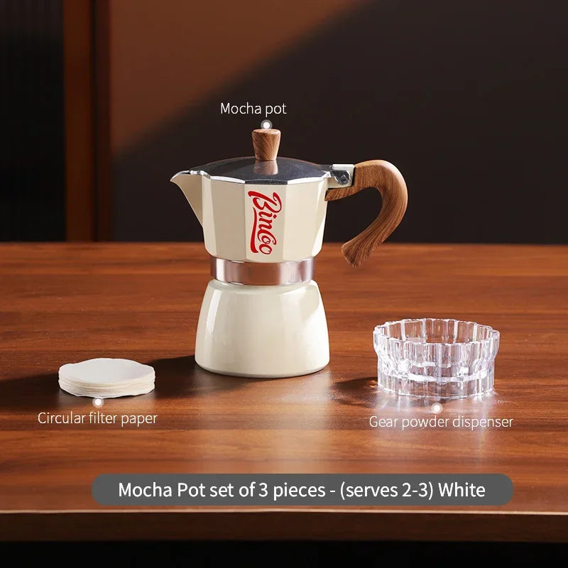 Bincoo Premium Moka Pot & Espresso Machine Set for Home Espresso Brewing Set Qst White 3-cup 3pcs A