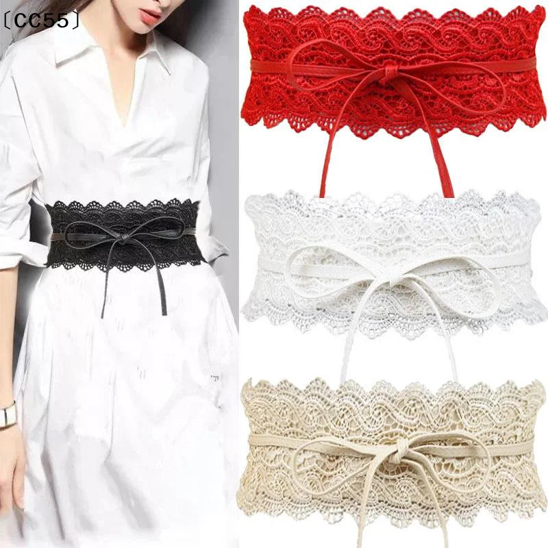 Vintage Boho Lace Bow Wide Waist Belt – Scalloped Edge Wide Waist Belt Qst