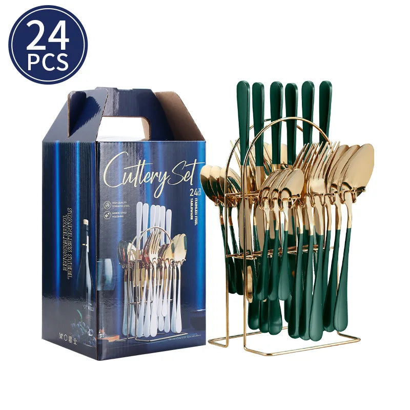 24-Piece Stainless Steel Cutlery Set – Steak Knife Fork Spoon Stainless Steel Flatware Set Qme