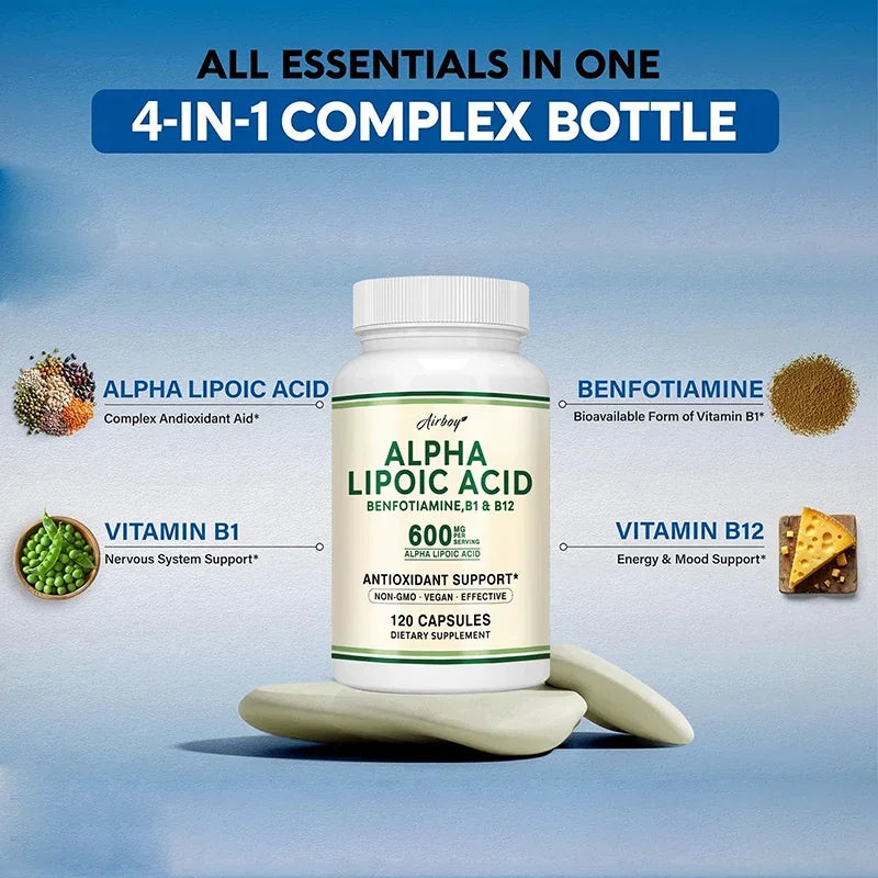 Alpha Lipoic Acid 600mg Capsules – ALA B1 B12 Benfotiamine Antioxidant Supplement Qst