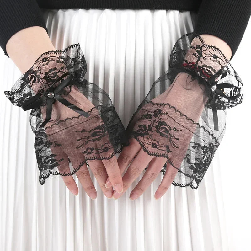 Women's Gothic Lace Mesh Horn Cuff Gloves – Ruffled Detachable Lace Arm Warmers Qme