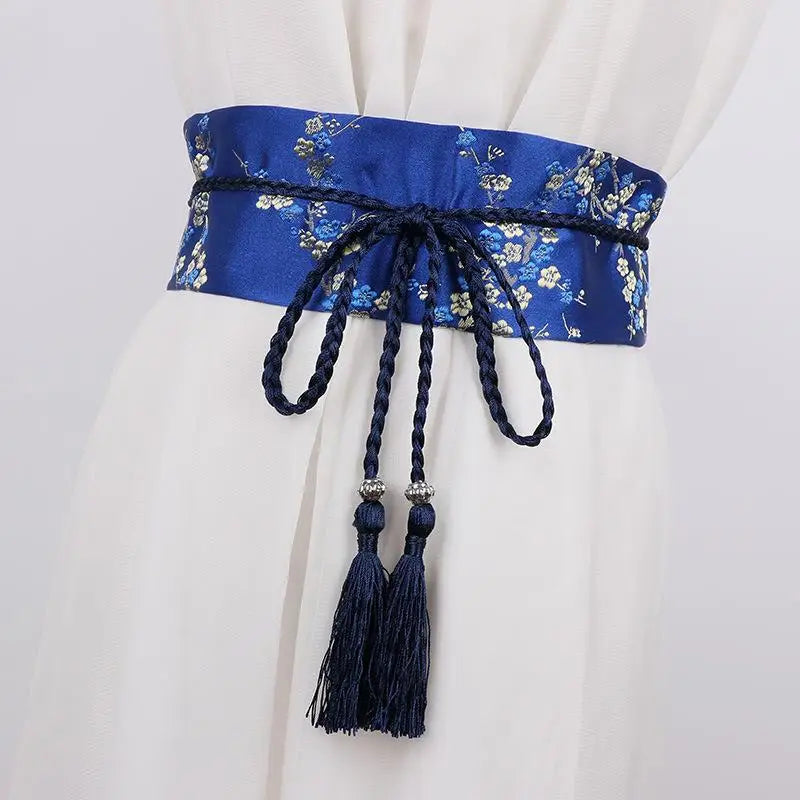 Vintage Floral Embroidered Wrap Belt – Bow Tie Tassel Sash Embroidered Wrap Belt Qst C