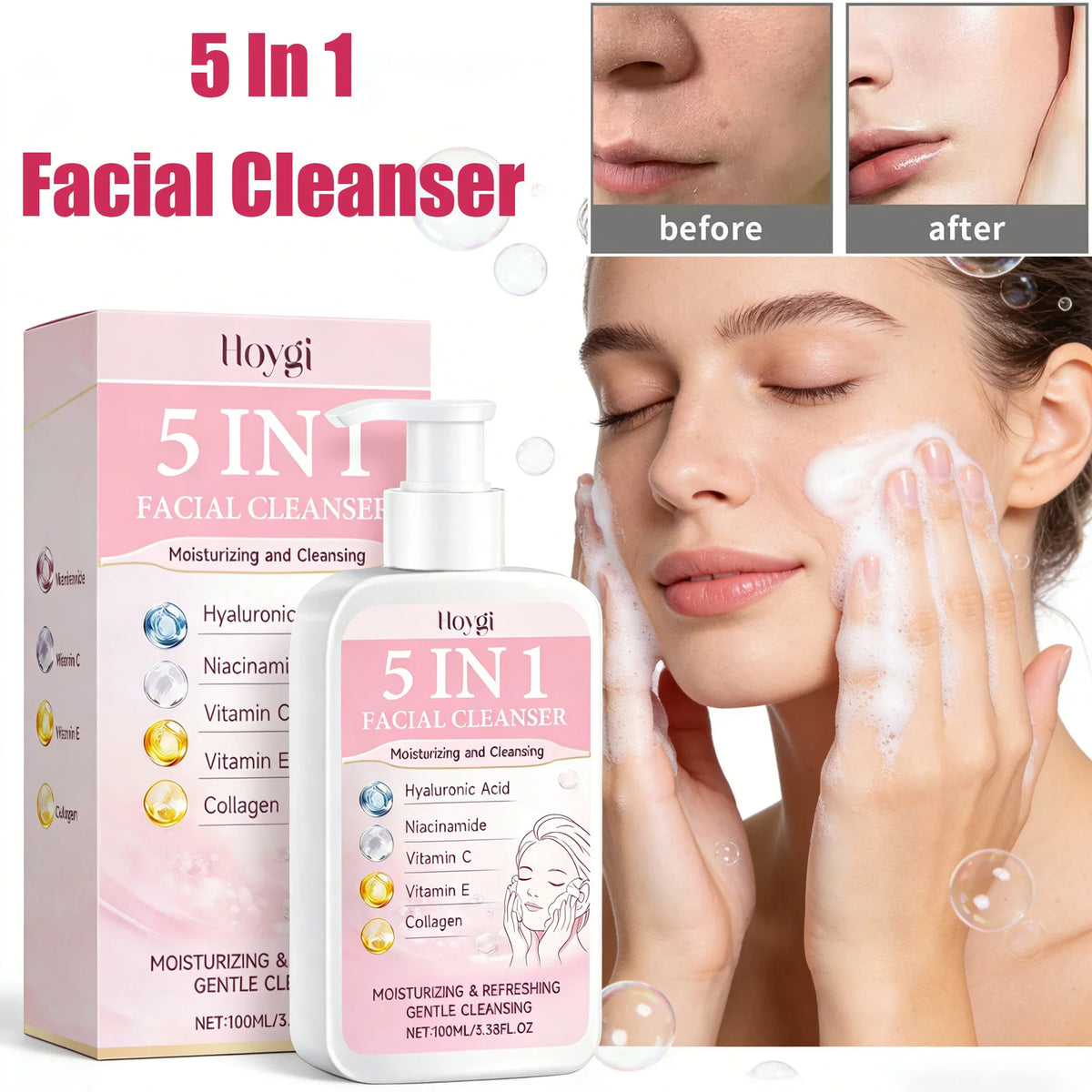 Moisturizing Facial Cleanser & Makeup Remover | Hyaluronic Acid Facial Cleanser Qme