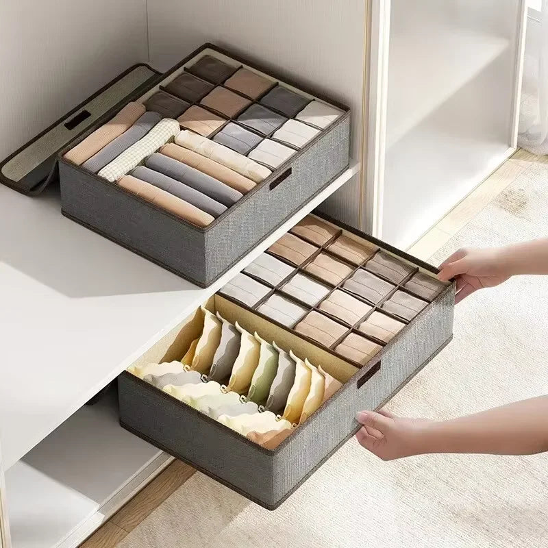 Cotton Linen Underwear Storage Box – 6-Compartment with Lid Drawer Organizer Box Qme