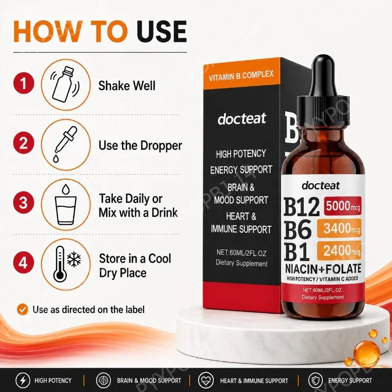 Docteat Vitamin B Complex Liquid Drops with Vitamin C – 60ml Liquid Vitamin Supplement Qst
