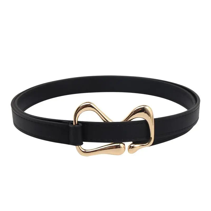 Women's PU Leather Thin Waist Belt – Gold Knotted Buckle Women's Fashion Belt Qst Black2