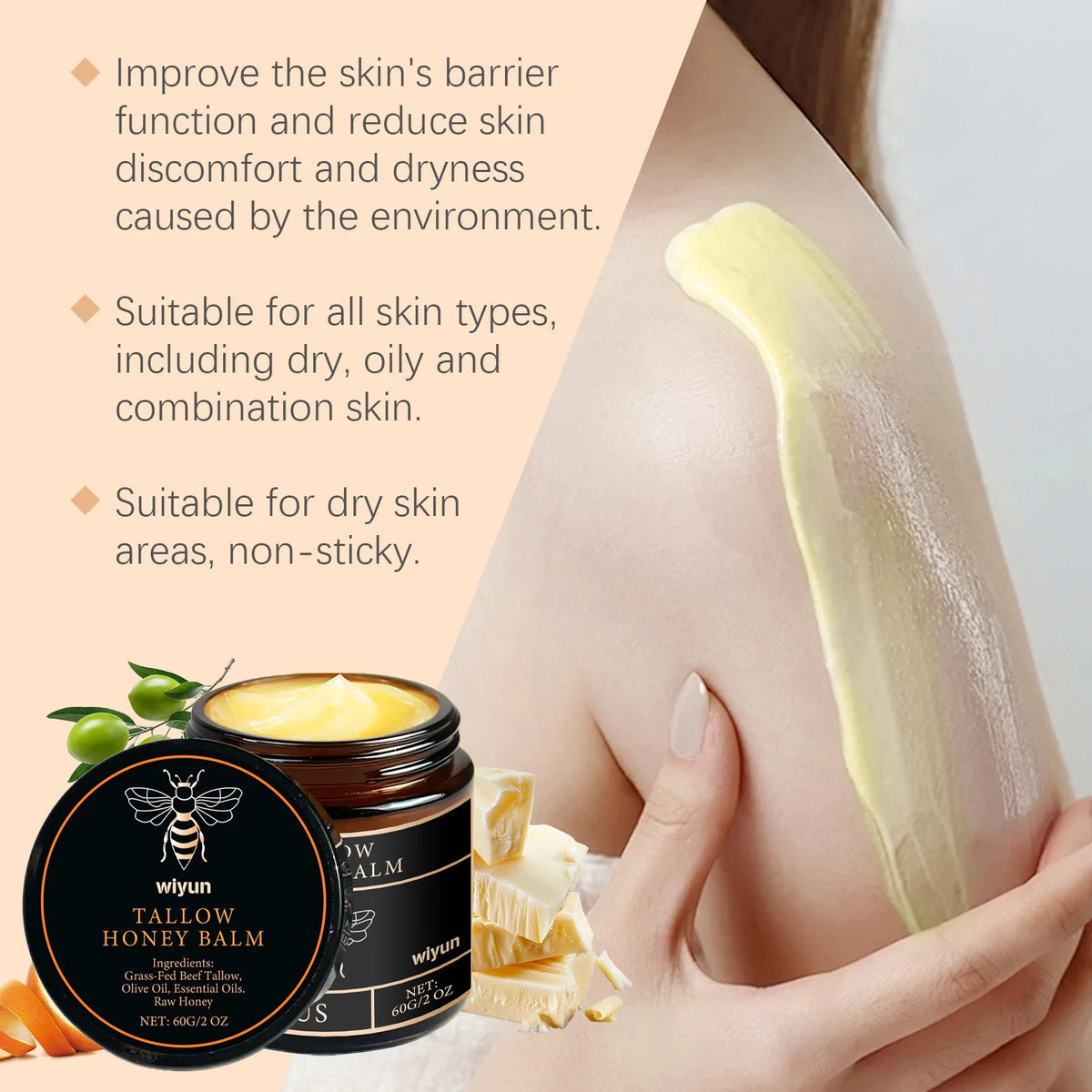 Grass Fed Beef Tallow & Raw Honey Moisturizing Balm Moisturizing Balm Cream Qst