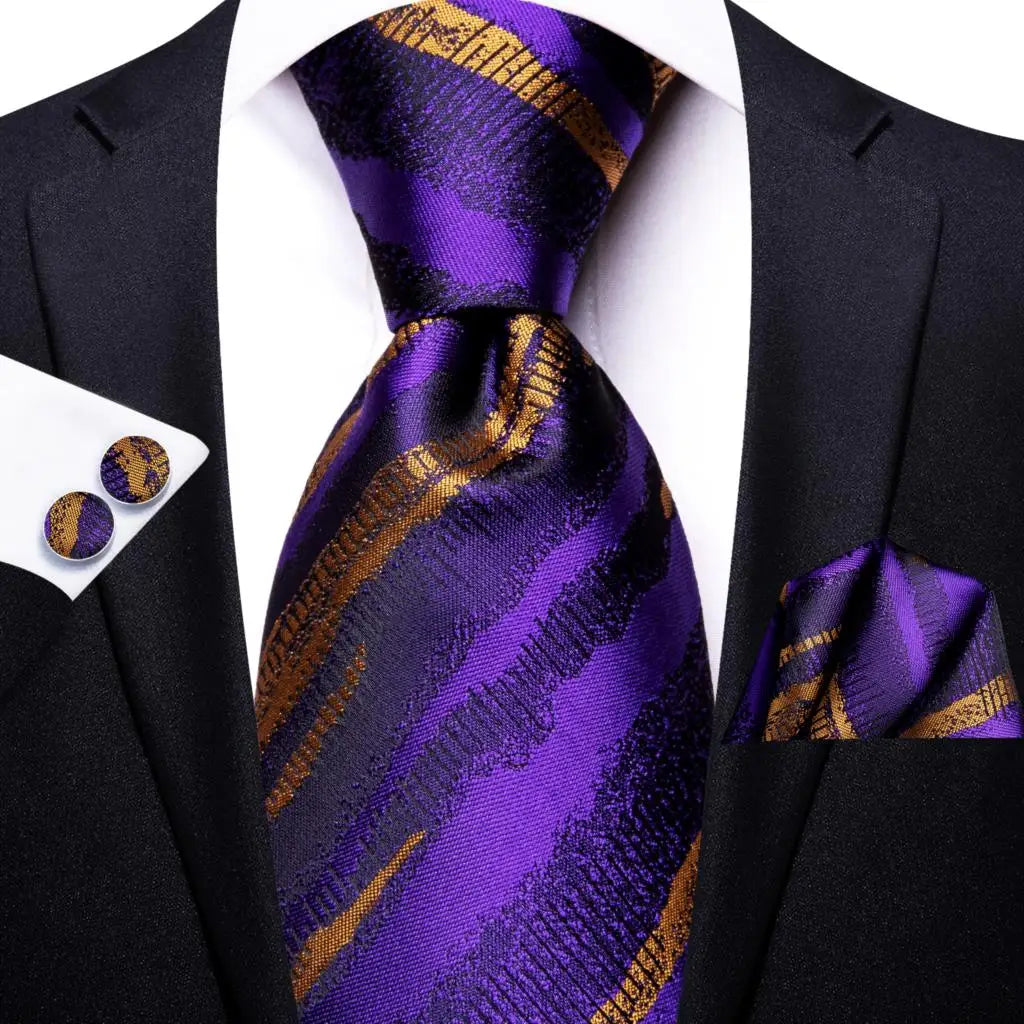 Hi-Tie Purple Silver Striped Silk Necktie – Men's Wedding Tie Silk Necktie Qme SN-3387