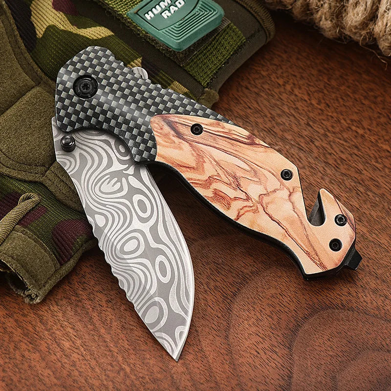 XUAN FENG Damascus Folding Knife D2 Steel – Camping Survival EDC Folding Pocket Knife Qst B