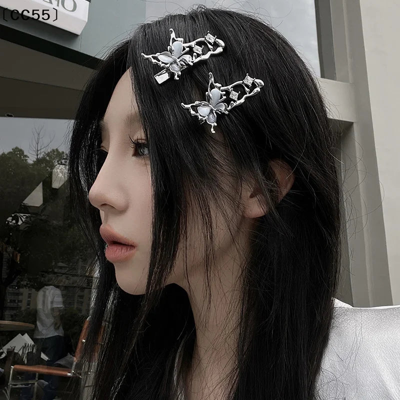 Y2K Liquid Metal Butterfly Zircon Hair Clip – Silver Barrette Hair Barrette Clip Qst