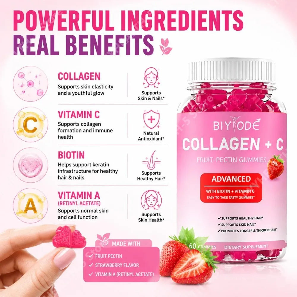 BIYODE Collagen + C Gummies with Vitamin C – 60ct | Hair Skin Nails Collagen Gummies Qst