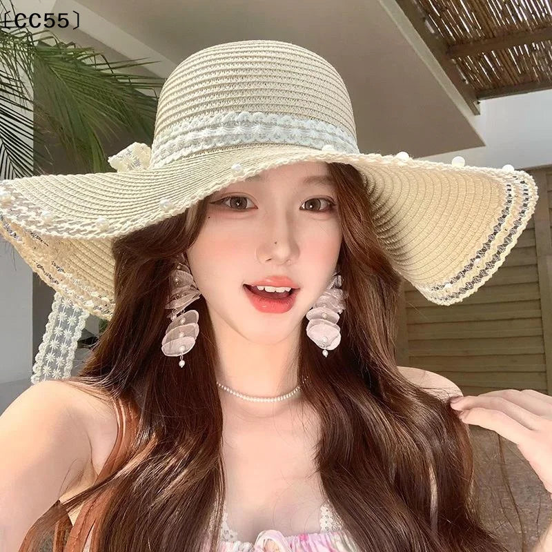 Women's Oversized Straw Beach Hat – Wide Brim Bow Sun Hat Straw Sun Hat Qst