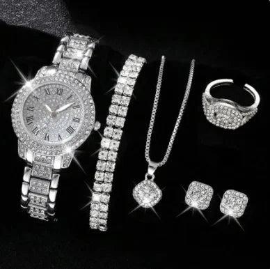 Women's Luxury Rhinestone Quartz Analog Watch | Hip Hop Style Women's Fashion Watch Qme Silver set