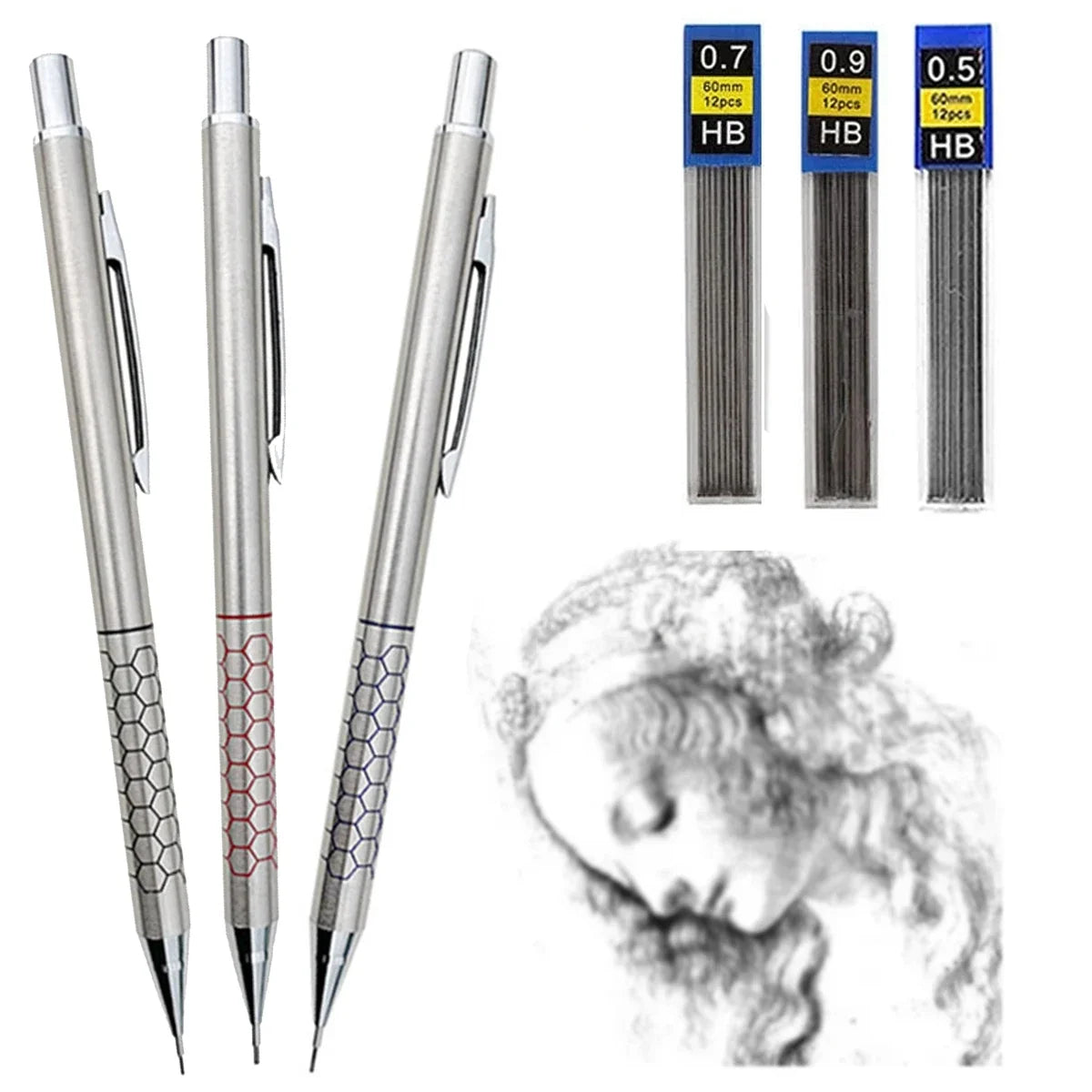 Metal Mechanical Pencil with Eraser | HB Lead Art & Sketch Set Mechanical Pencil Set Qme