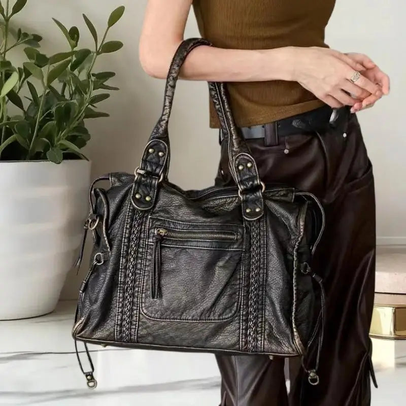 Vintage Punk PU Leather Large Tote Bag – Travel Handbag PU Leather Tote Bag Qme