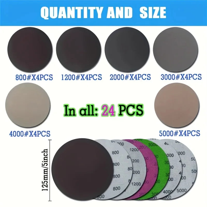 24-Pack 125mm Wet Dry Sanding Discs 800–5000 Grit Hook & Loop Sanding Disc Set Qme