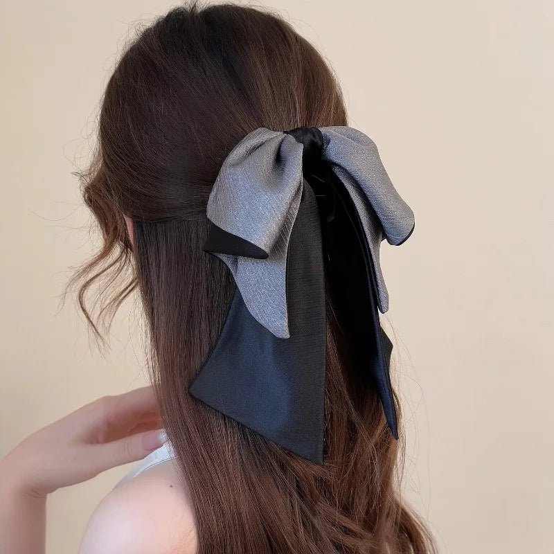 Glossy Pleated Bow Half-Up Hair Clip | Ribbon Barrette Bow Hair Clip Qme