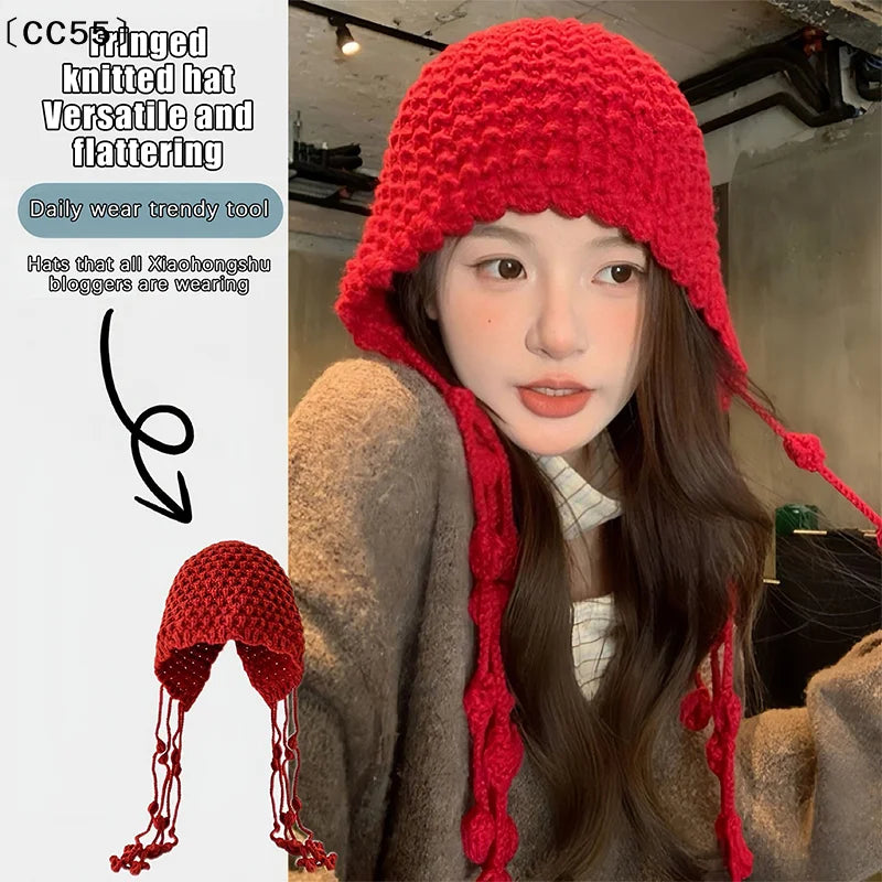 Women's Knitted Winter Beanie – Windproof Tassel Ear Cover Hat Knitted Winter Beanie Qst